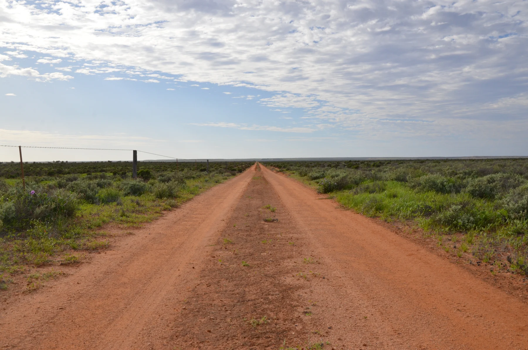 A red dirt road stretching through the landscape toward the horizon