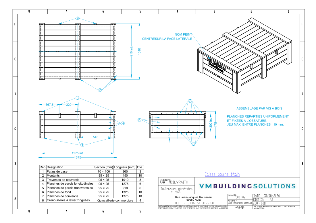 Tin coil storage crate technical drawing