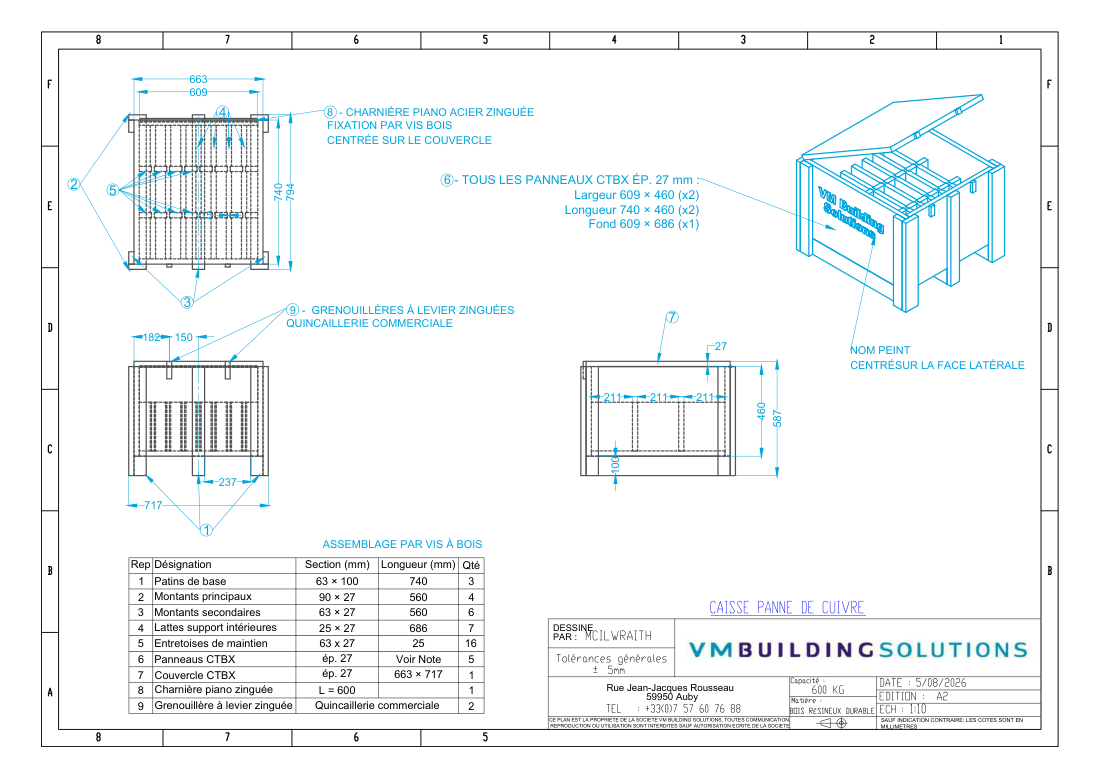 Copper component storage crate technical drawing